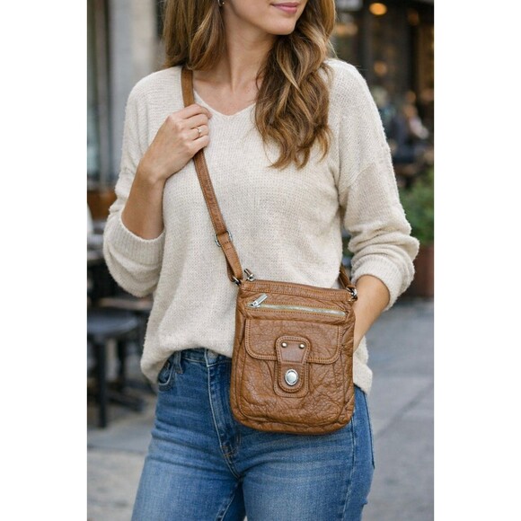 Handbags - Brown Crossbody Purse Faux Leather Small Shoulder Bag Multi Pocket Handbag